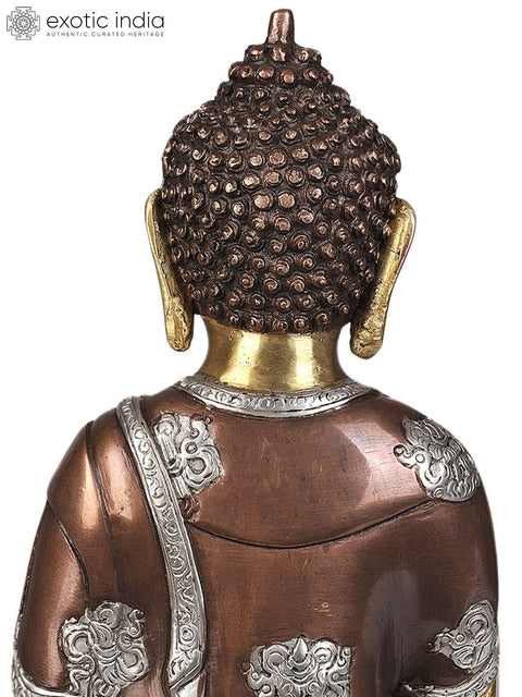 12" Triple Hued Buddha in Earth-Witness Gesture  (Robes Decorated with Auspicious Symbols) In Brass