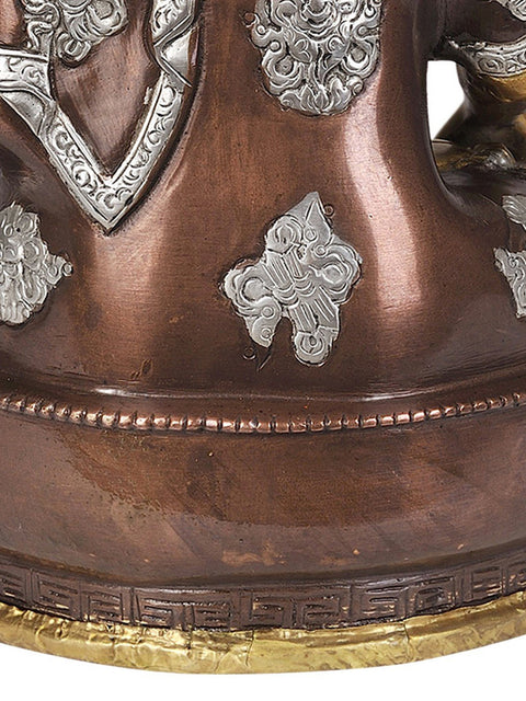 12" Triple Hued Buddha in Earth-Witness Gesture  (Robes Decorated with Auspicious Symbols) In Brass