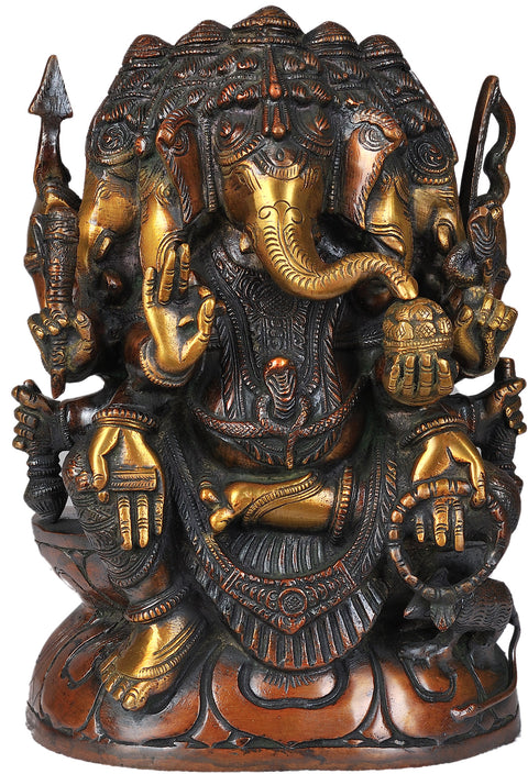 11" Five Headed Ganesha Idol Seated in Lalitasana | Handmade Brass Statue | Made in India
