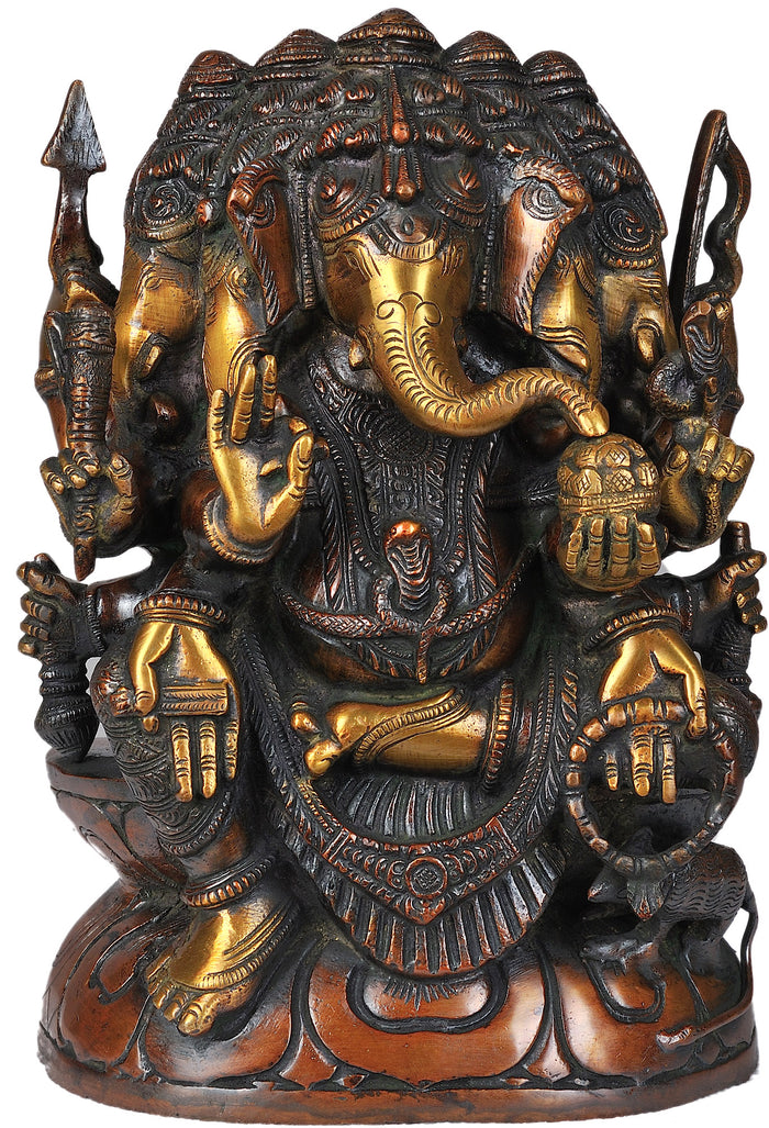 11" Five Headed Ganesha Brass Idol Seated in Lalitasana Handmade