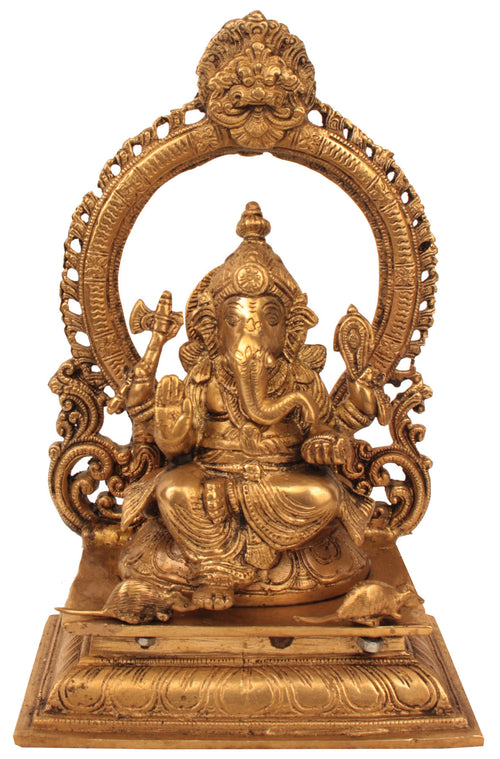 11" Handmade Enthroned Ganesha Brass Statue for Pooja