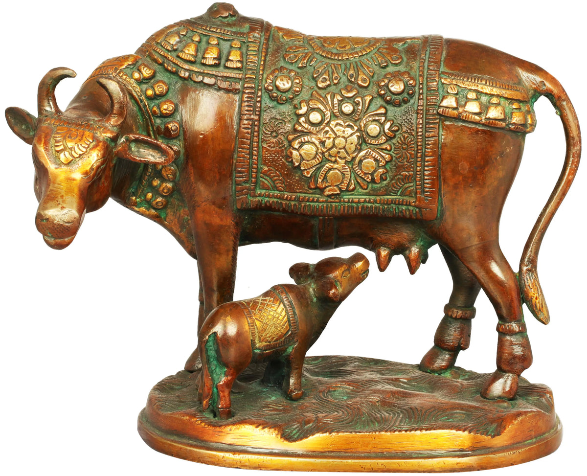 7" Cow and Calf (In Golden and Brown Hues) In Brass | Handmade | Made In India