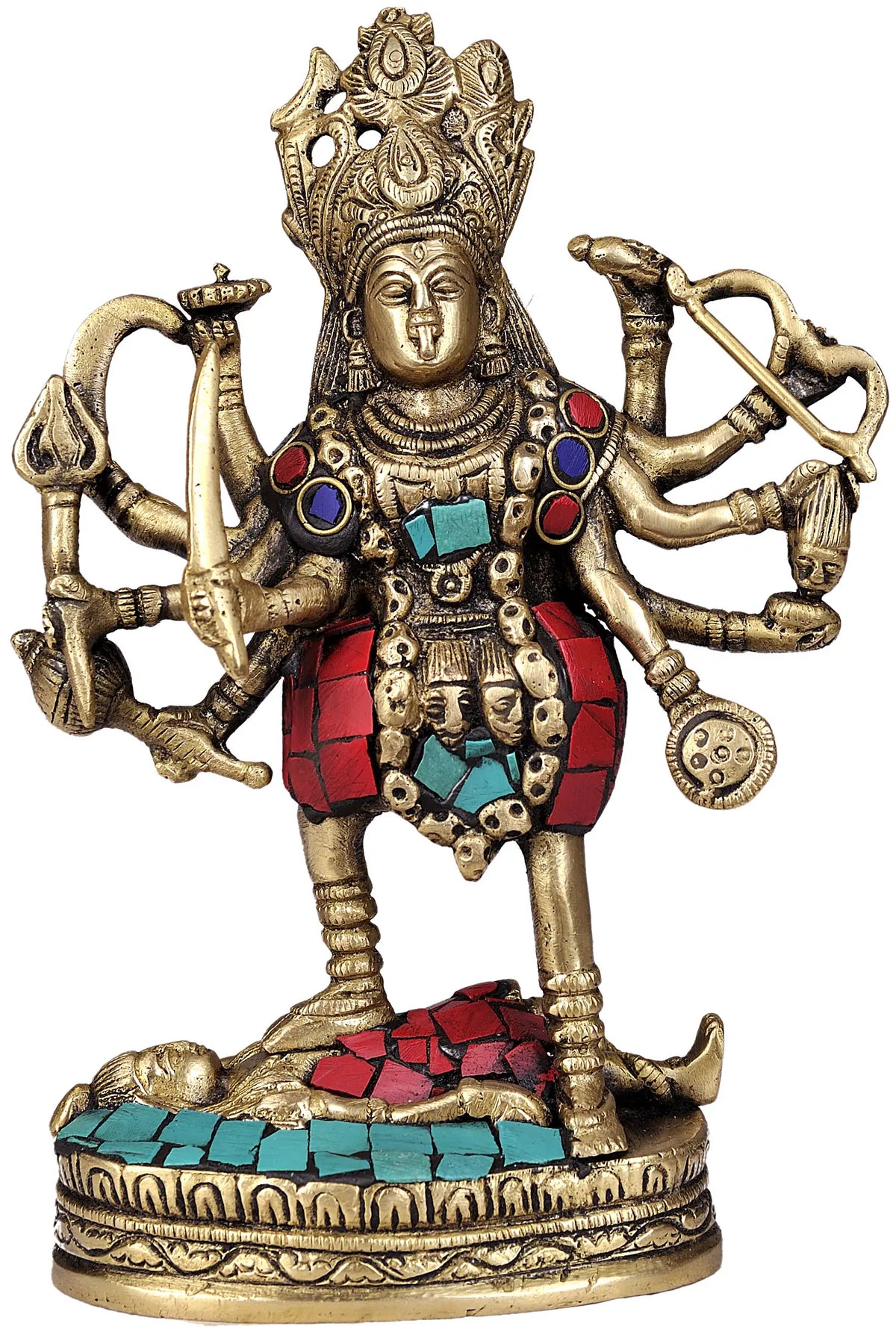 7" Goddess Kali Brass in Inlay Statue | Handmade | Made In India