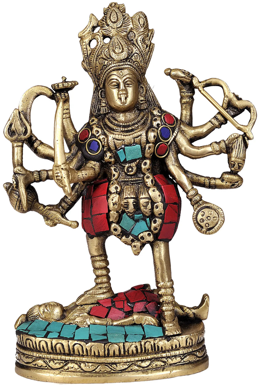 7" Goddess Kali Brass Inlay Handmade Statue