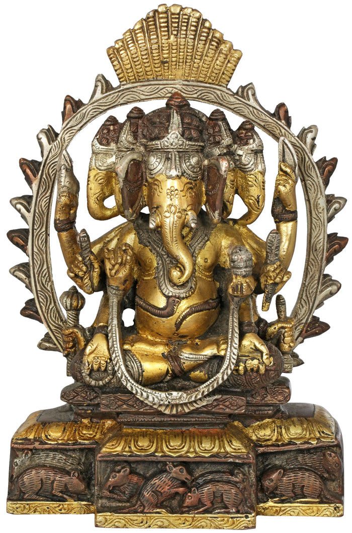 9" Pancha-Mukhi Ganesha Handmade Brass Idol for Pooja