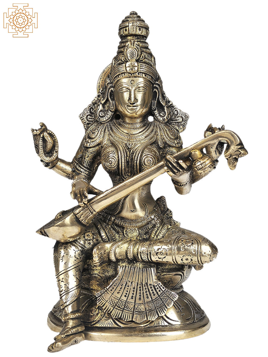 8" Handmade Saraswati Brass Statue - Goddess of Arts and Wisdom