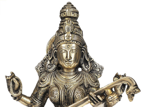 8" Saraswati - Goddess of Arts and Wisdom In Brass | Handmade | Made In India