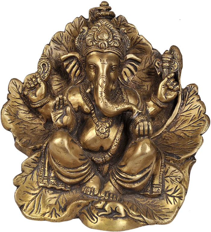 7" Brass Lord Ganesha Idol Seated on Flower Couch | Handmade