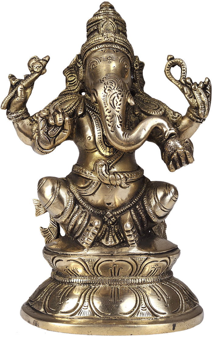 7" Lord Ganesha Brass Statue on Lotus Pedestal Handmade