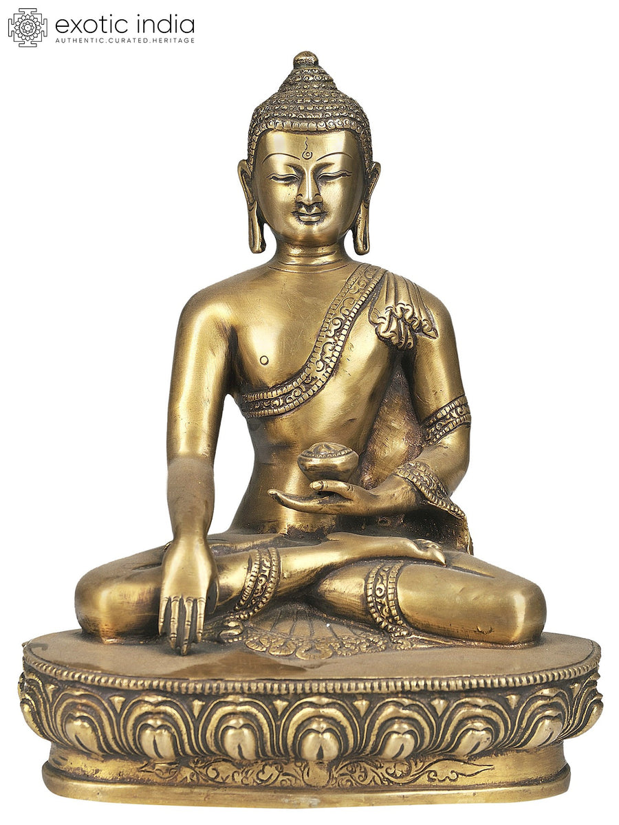 9" Lord Buddha Brass Statue Invoking Earth Goddess Bhumisparsha Mudra