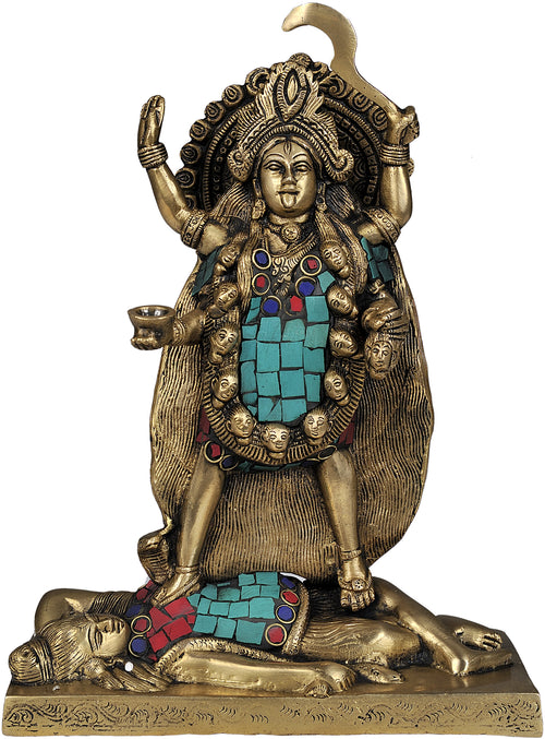 11" Dakshina Kali Brass Statue with Inlay Work Handmade