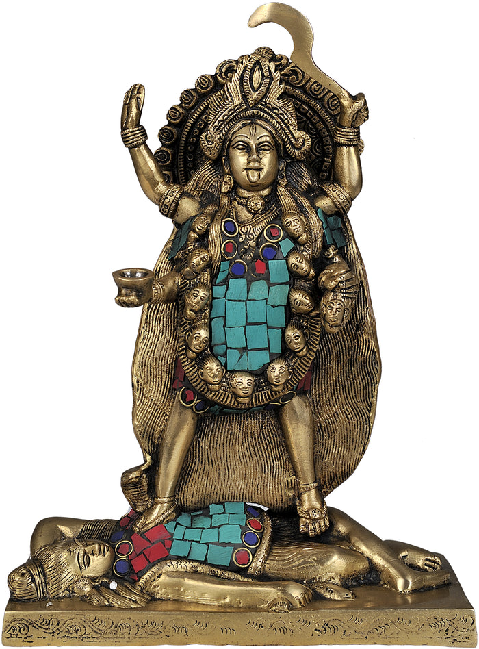 11" Dakshina Kali Brass Statue with Inlay Work Handmade