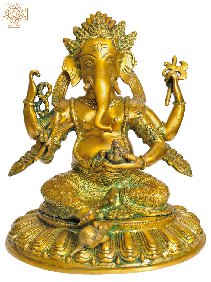 11" Four Armed Seated Ganesha Brass Statue for Pooja