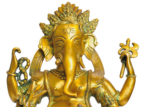 11" Four Armed Seated Ganesha In Brass