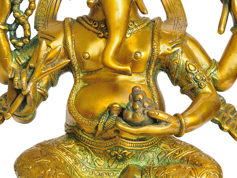 11" Four Armed Seated Ganesha In Brass