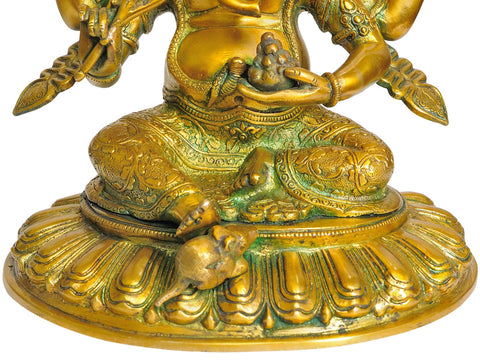 11" Four Armed Seated Ganesha In Brass
