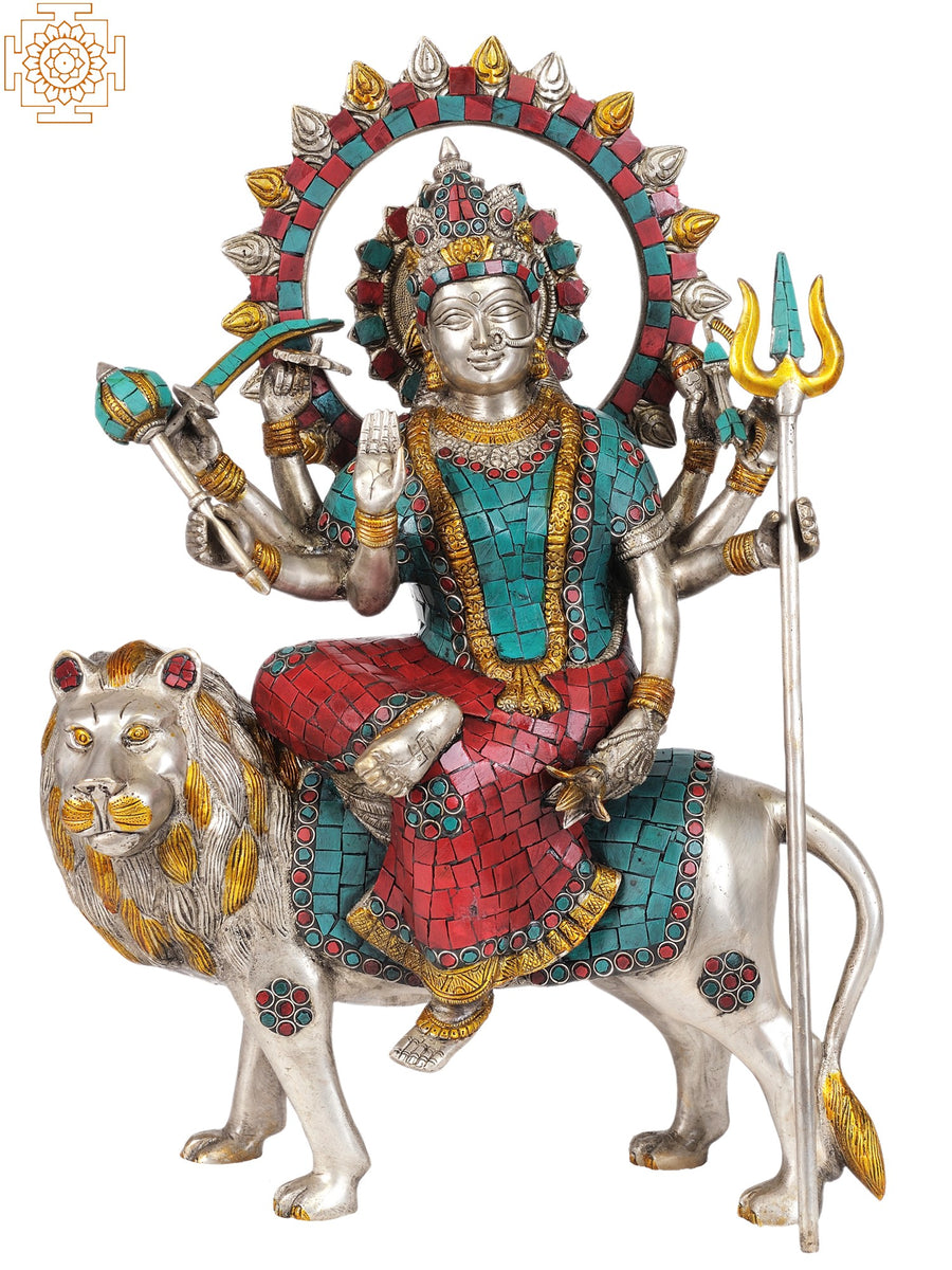 19" Goddess Durga Brass Statue with Inlay Work Handcrafted