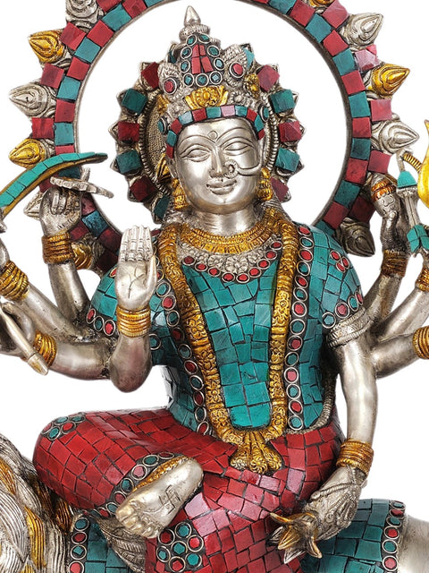 19" Goddess Durga Finely Handcrafted Statue with Inlay work in Brass