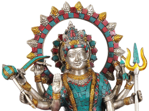 19" Goddess Durga Finely Handcrafted Statue with Inlay work in Brass
