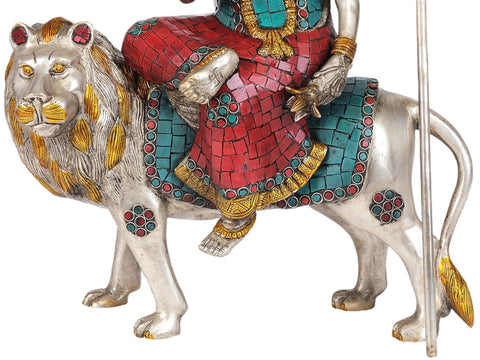 19" Goddess Durga Finely Handcrafted Statue with Inlay work in Brass