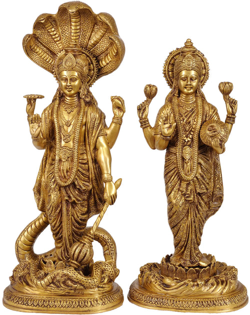 17" Brass Lord Vishnu Idol Standing on Sheshnag with Lakshmi