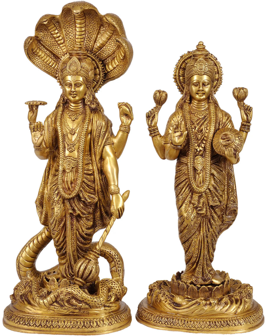 17" Brass Lord Vishnu Idol Standing on Sheshnag with Lakshmi