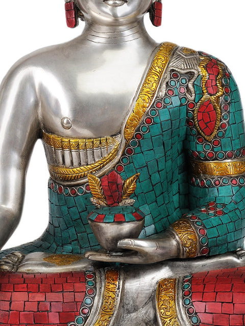 17" Tibetan Buddhist God Medicine Buddha -The Unfailing Healer of the Ills of Samsara (In Silver Hue with Fine Inlay Work) In Brass
