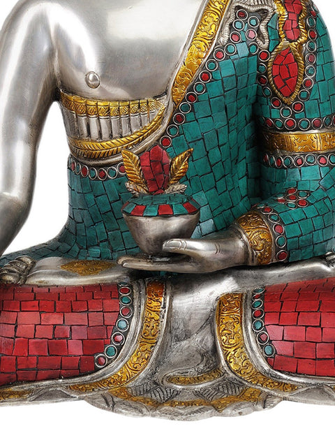 17" Tibetan Buddhist God Medicine Buddha -The Unfailing Healer of the Ills of Samsara (In Silver Hue with Fine Inlay Work) In Brass