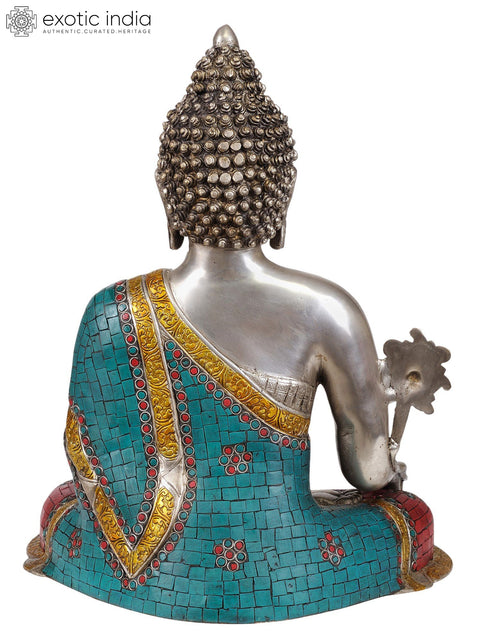 17" Tibetan Buddhist God Medicine Buddha -The Unfailing Healer of the Ills of Samsara (In Silver Hue with Fine Inlay Work) In Brass