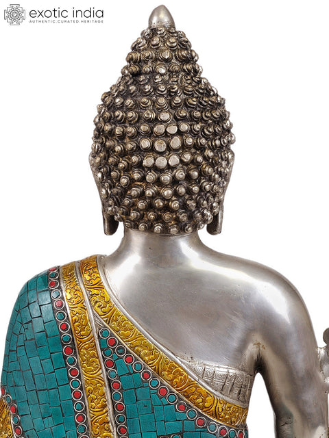 17" Tibetan Buddhist God Medicine Buddha -The Unfailing Healer of the Ills of Samsara (In Silver Hue with Fine Inlay Work) In Brass