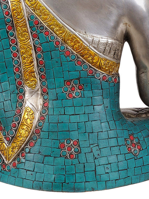 17" Tibetan Buddhist God Medicine Buddha -The Unfailing Healer of the Ills of Samsara (In Silver Hue with Fine Inlay Work) In Brass