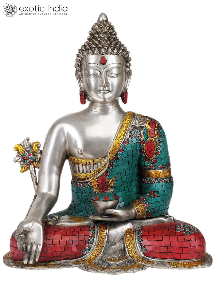 17" Medicine Buddha Brass Statue with Silver Inlay Work