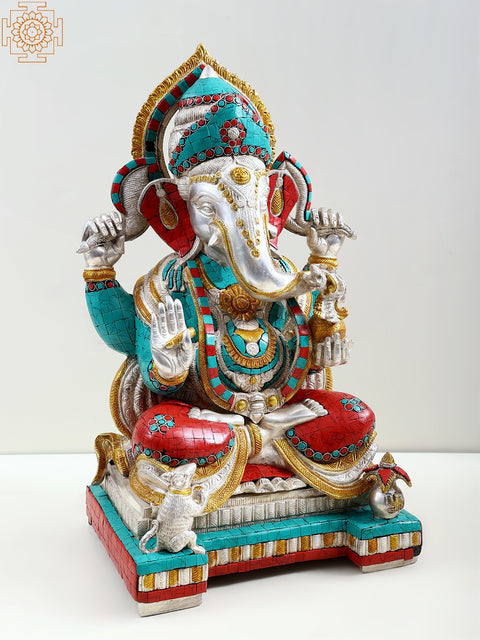 18" Four Armed Seated Ganesha (In Silver Hue with Fine Inlay work) In Brass