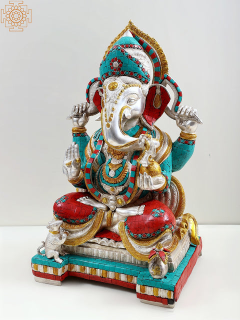 18" Four Armed Seated Ganesha (In Silver Hue with Fine Inlay work) In Brass