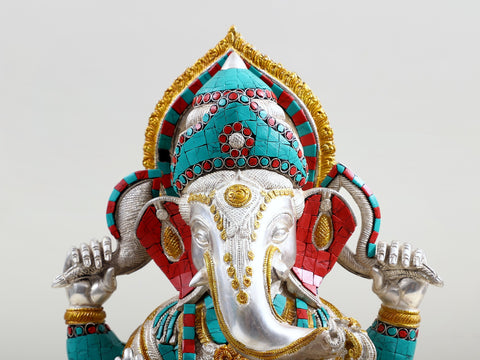 18" Four Armed Seated Ganesha (In Silver Hue with Fine Inlay work) In Brass