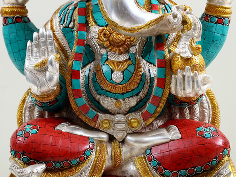 18" Four Armed Seated Ganesha (In Silver Hue with Fine Inlay work) In Brass