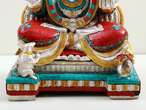 18" Four Armed Seated Ganesha (In Silver Hue with Fine Inlay work) In Brass