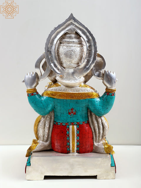 18" Four Armed Seated Ganesha (In Silver Hue with Fine Inlay work) In Brass
