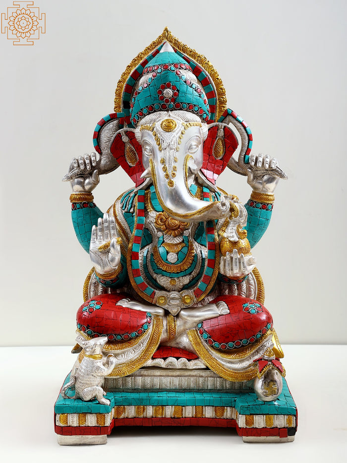 18" Four Armed Seated Ganesha Brass Statue with Silver Inlay