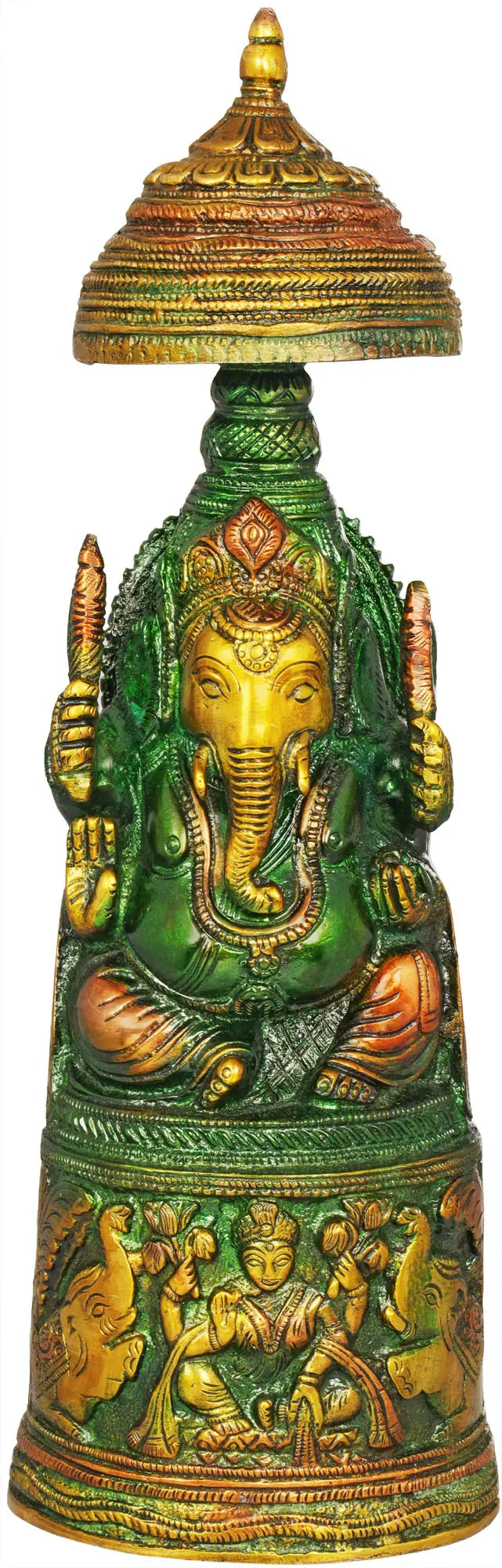 10" Ganesha and Lakshmi Brass Statue with Carved Pedestal