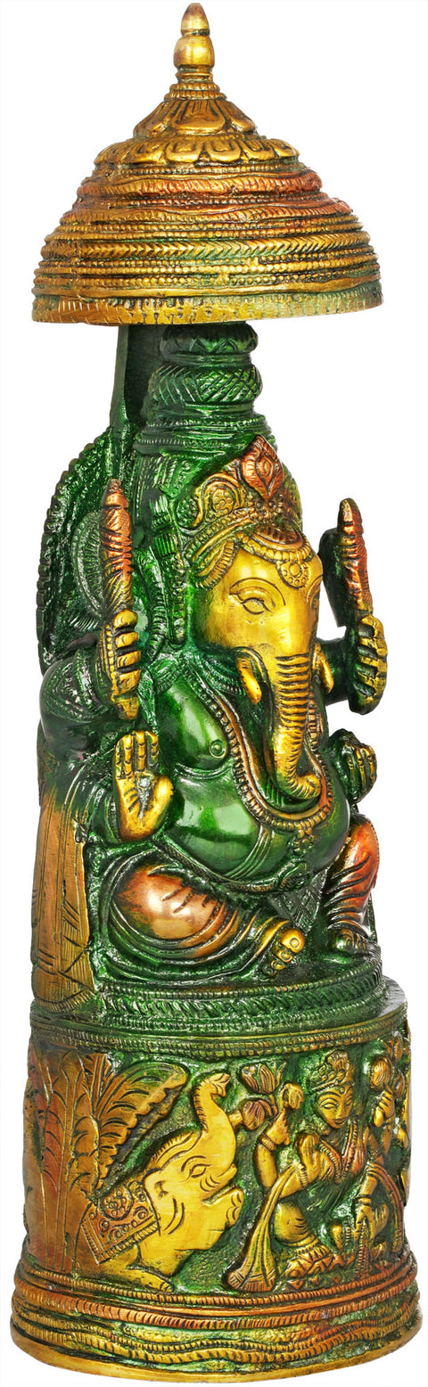 10" The King Ganesha with Lakshmi Ji Carved in Pedestal In Brass | Handmade | Made In India