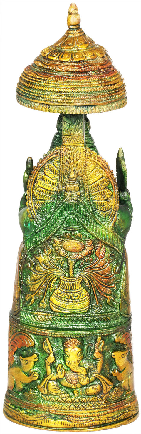 10" The King Ganesha with Lakshmi Ji Carved in Pedestal In Brass | Handmade | Made In India