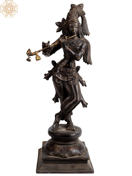 14" Handmade Lord Krishna Brass Idol for Pooja