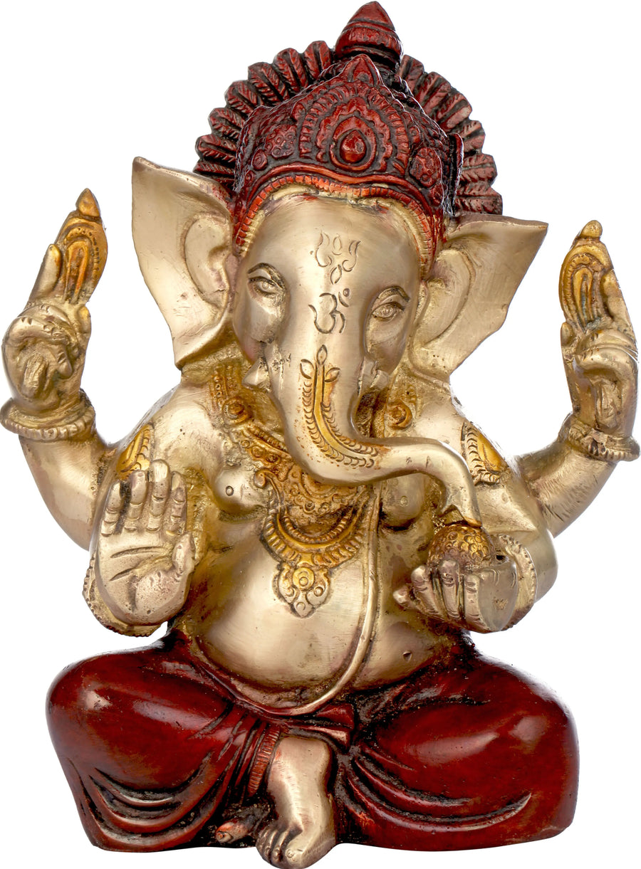 7" Lord Ganesha Enjoying Modak Brass Statue Handmade