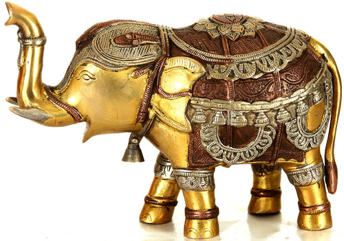 Brass Elephant Figurine with Upraised Trunk for Home Decor