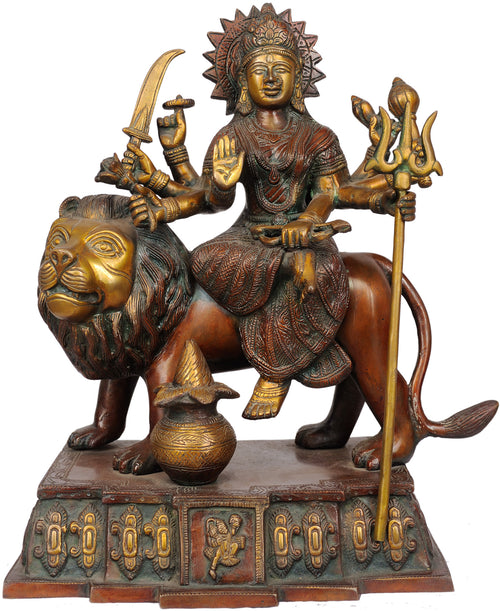 12" Brass Goddess Durga with Hanuman Handmade Statue