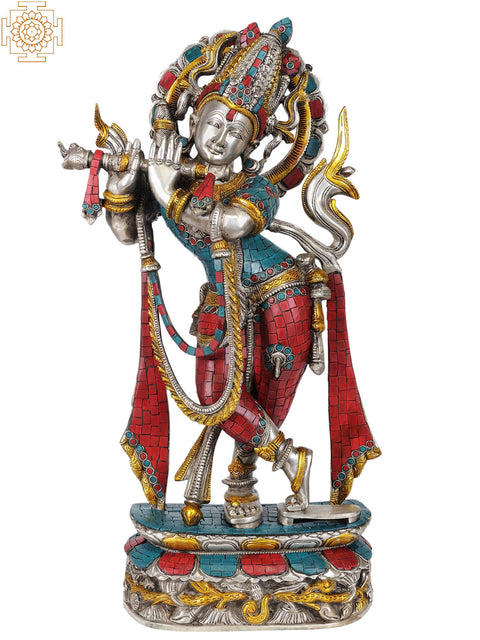 23" Murali Krishna in Silver Hue with Coral and Turquoise Color Inlay Work In Brass