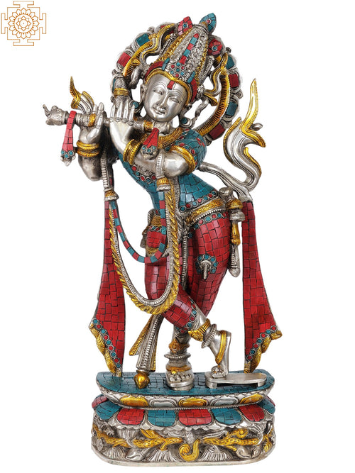 23" Murali Krishna Brass Statue with Silver Hue and Inlay Work