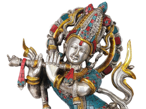 23" Murali Krishna in Silver Hue with Coral and Turquoise Color Inlay Work In Brass