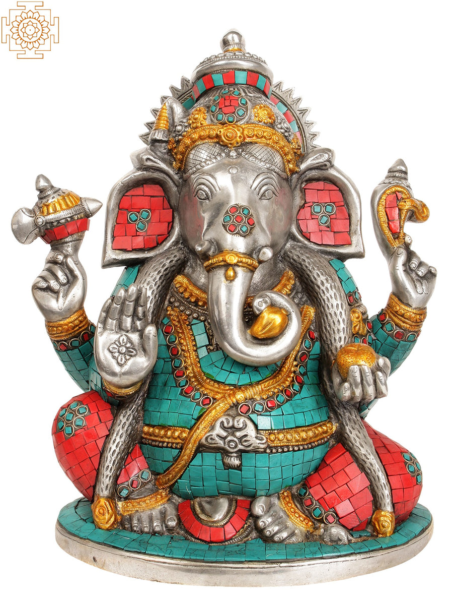 13" Lambodara Ganesha Brass Statue with Coral and Turquoise Inlay